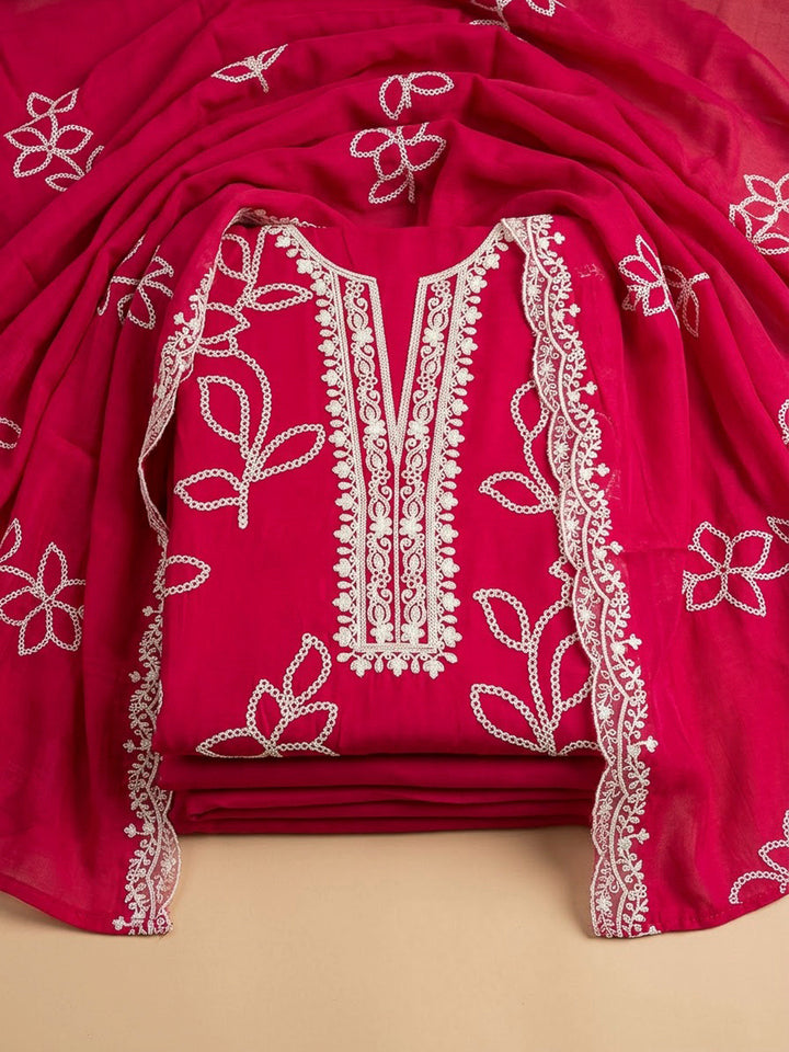 Hot Pink Cotton Blend Embroidered Unstitched Dress Material