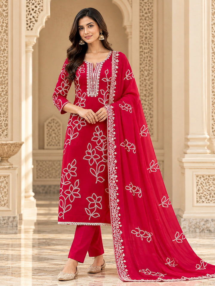 Hot Pink Cotton Blend Embroidered Unstitched Dress Material