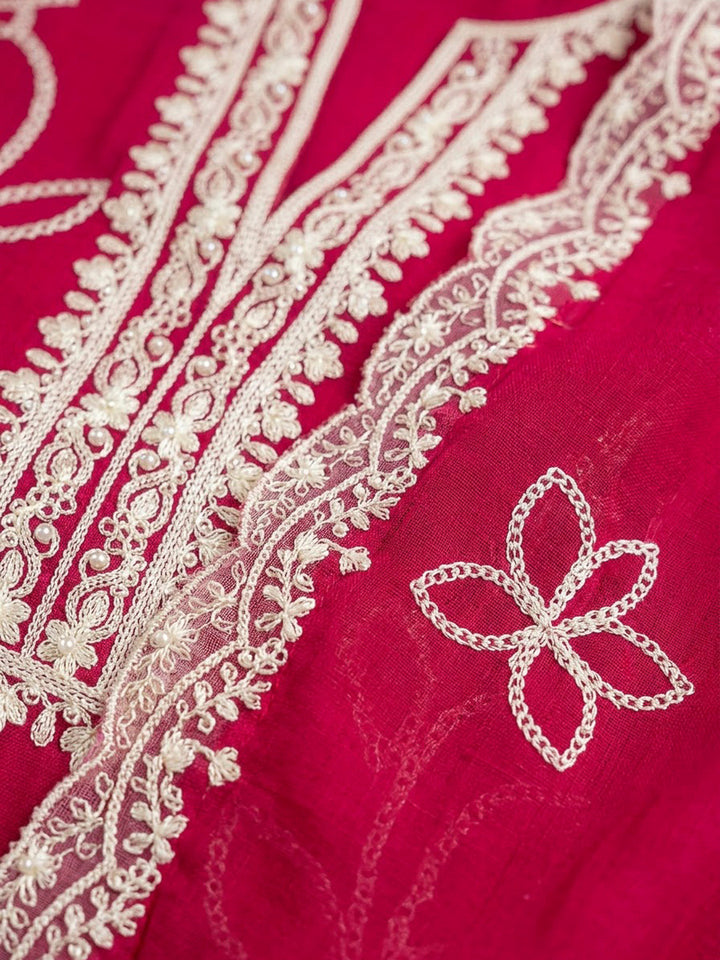 Hot Pink Cotton Blend Embroidered Unstitched Dress Material