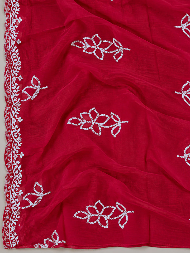Hot Pink Cotton Blend Embroidered Unstitched Dress Material
