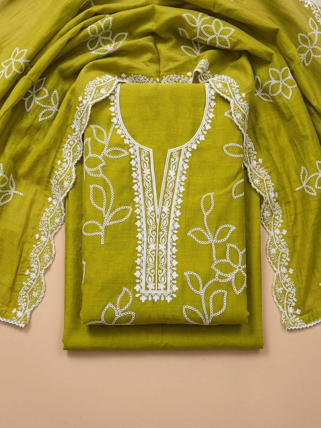 Mehndi Cotton Blend Embroidered Unstitched Dress Material