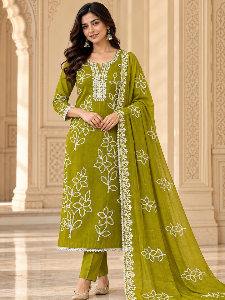 Mehndi Cotton Blend Embroidered Unstitched Dress Material