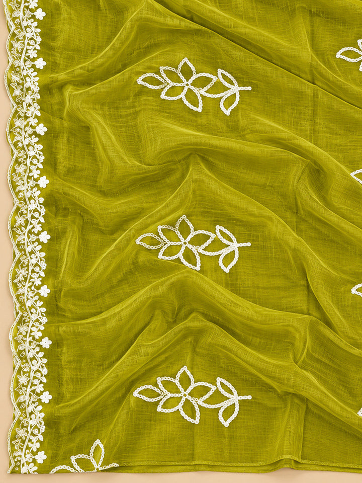 Mehndi Cotton Blend Embroidered Unstitched Dress Material