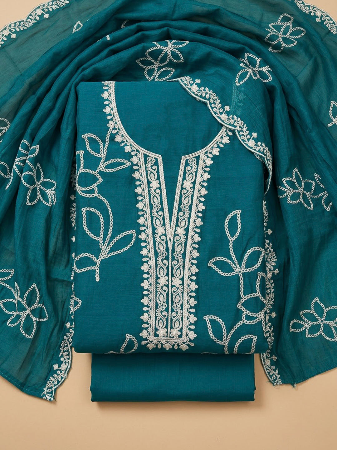 Rama Green Cotton Blend Embroidered Unstitched Dress Material