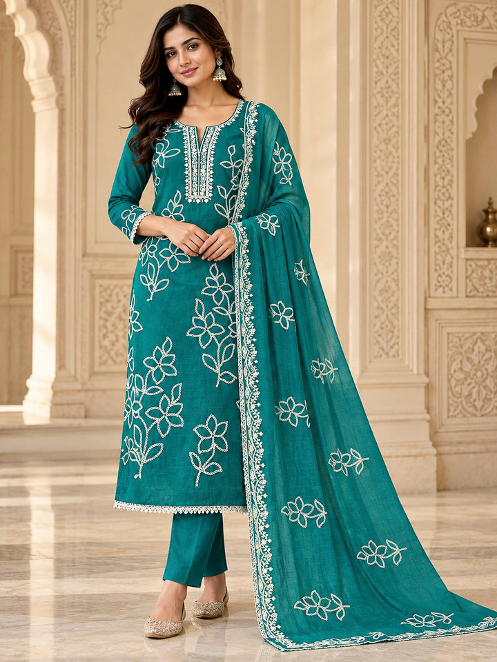 Rama Green Cotton Blend Embroidered Unstitched Dress Material