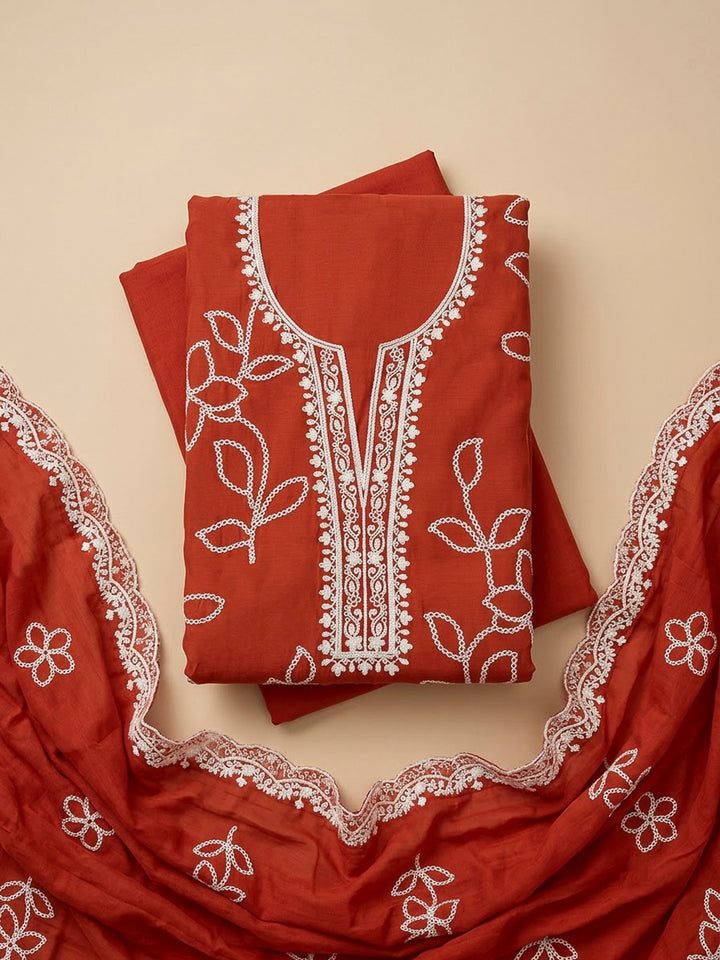 Rust Cotton Blend Embroidered Unstitched Dress Material