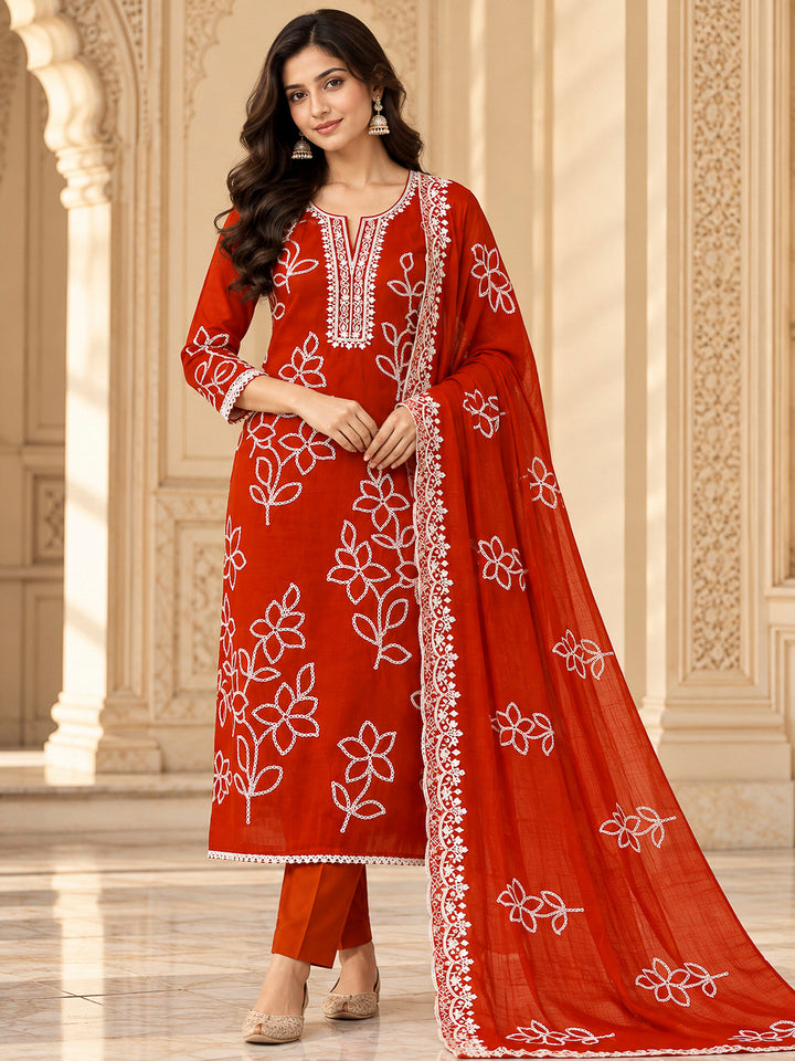 Rust Cotton Blend Embroidered Unstitched Dress Material
