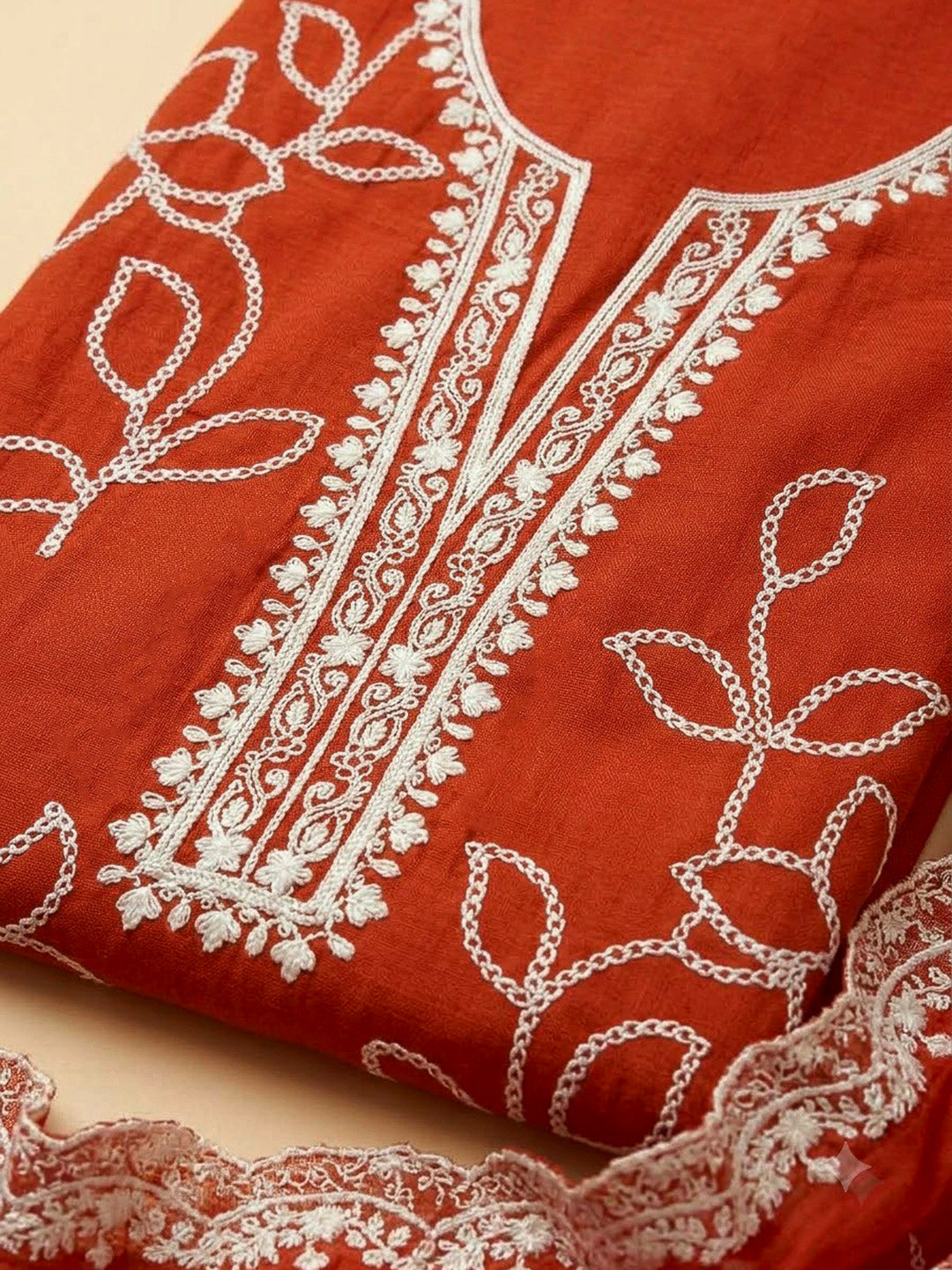 Rust Cotton Blend Embroidered Unstitched Dress Material