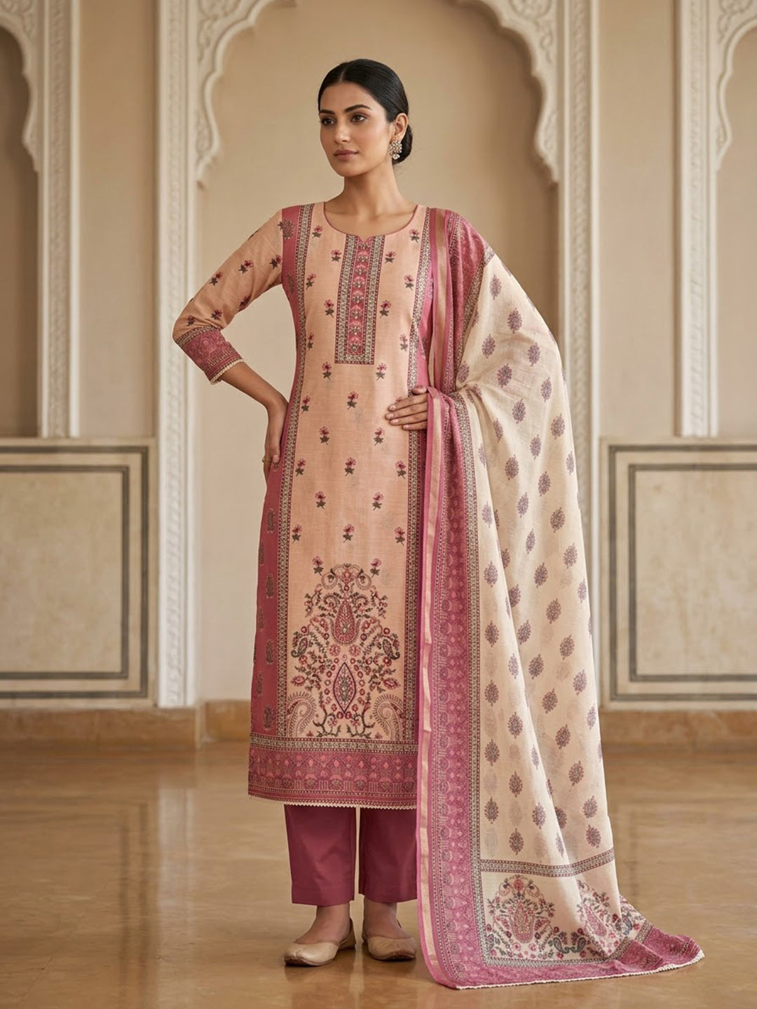 Peach Chanderi Embroidered Unstitched Dress Material