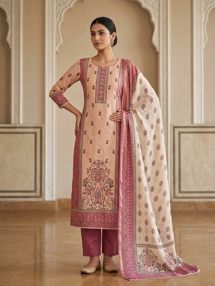 Peach Chanderi Embroidered Unstitched Dress Material