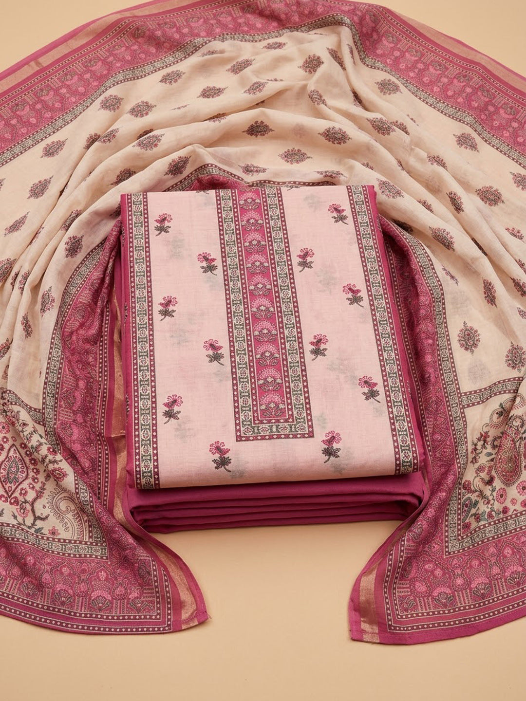 Peach Chanderi Embroidered Unstitched Dress Material