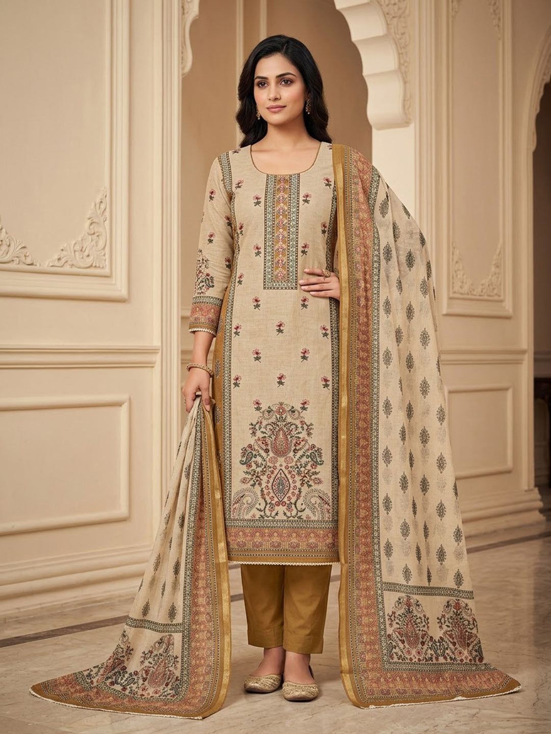 Rust Chanderi Embroidered Unstitched Dress Material