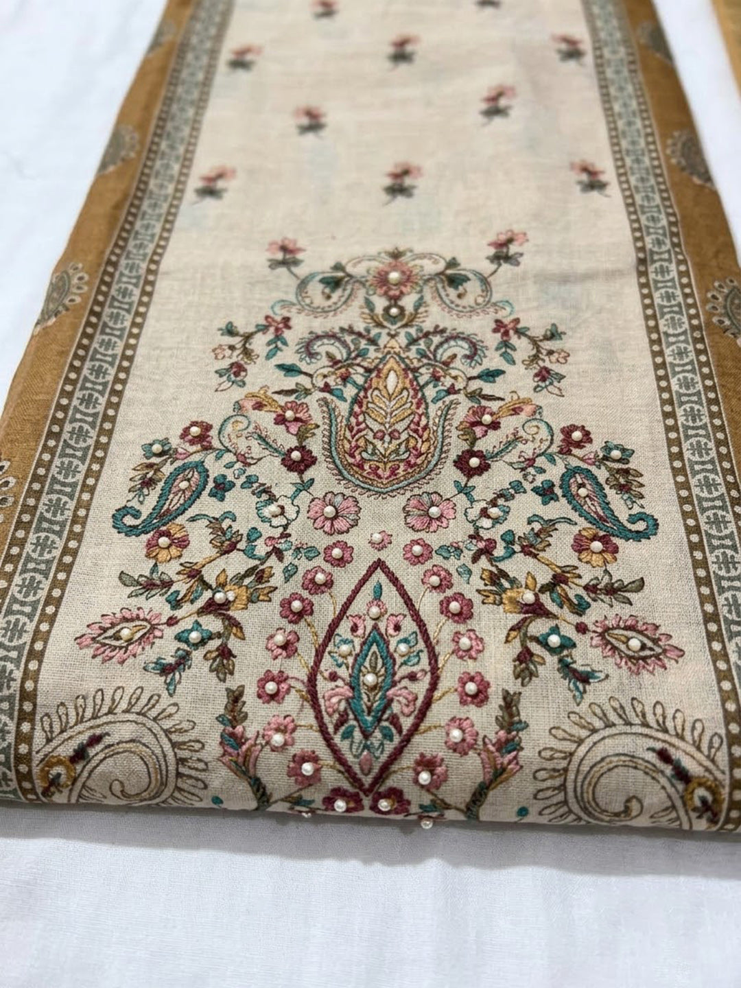 Rust Chanderi Embroidered Unstitched Dress Material