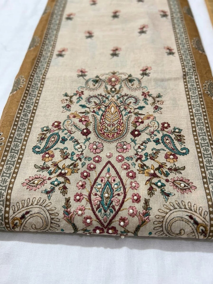 Rust Chanderi Embroidered Unstitched Dress Material