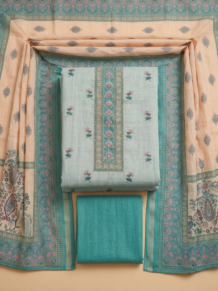 Sea-Green Chanderi Embroidered Unstitched Dress Material