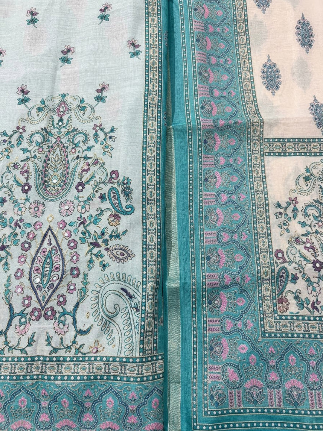 Sea-Green Chanderi Embroidered Unstitched Dress Material
