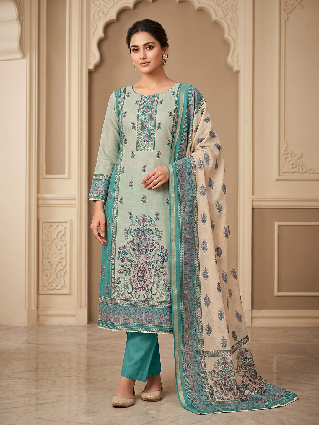 Sea-Green Chanderi Embroidered Unstitched Dress Material
