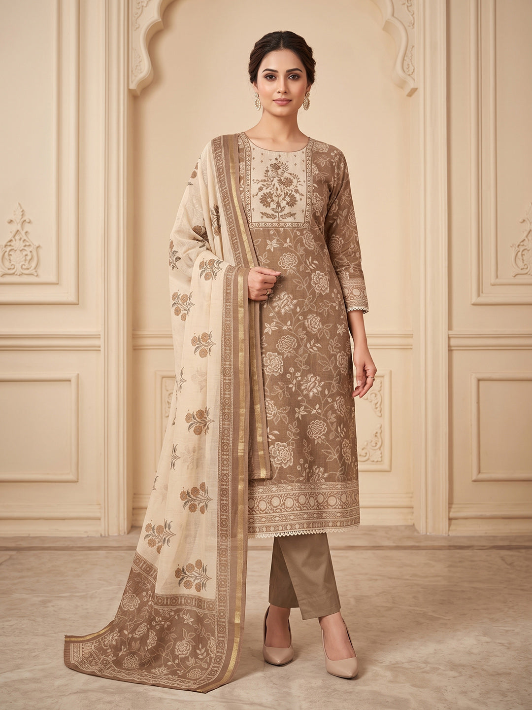 Beige Chanderi Embroidered Unstitched Dress Material