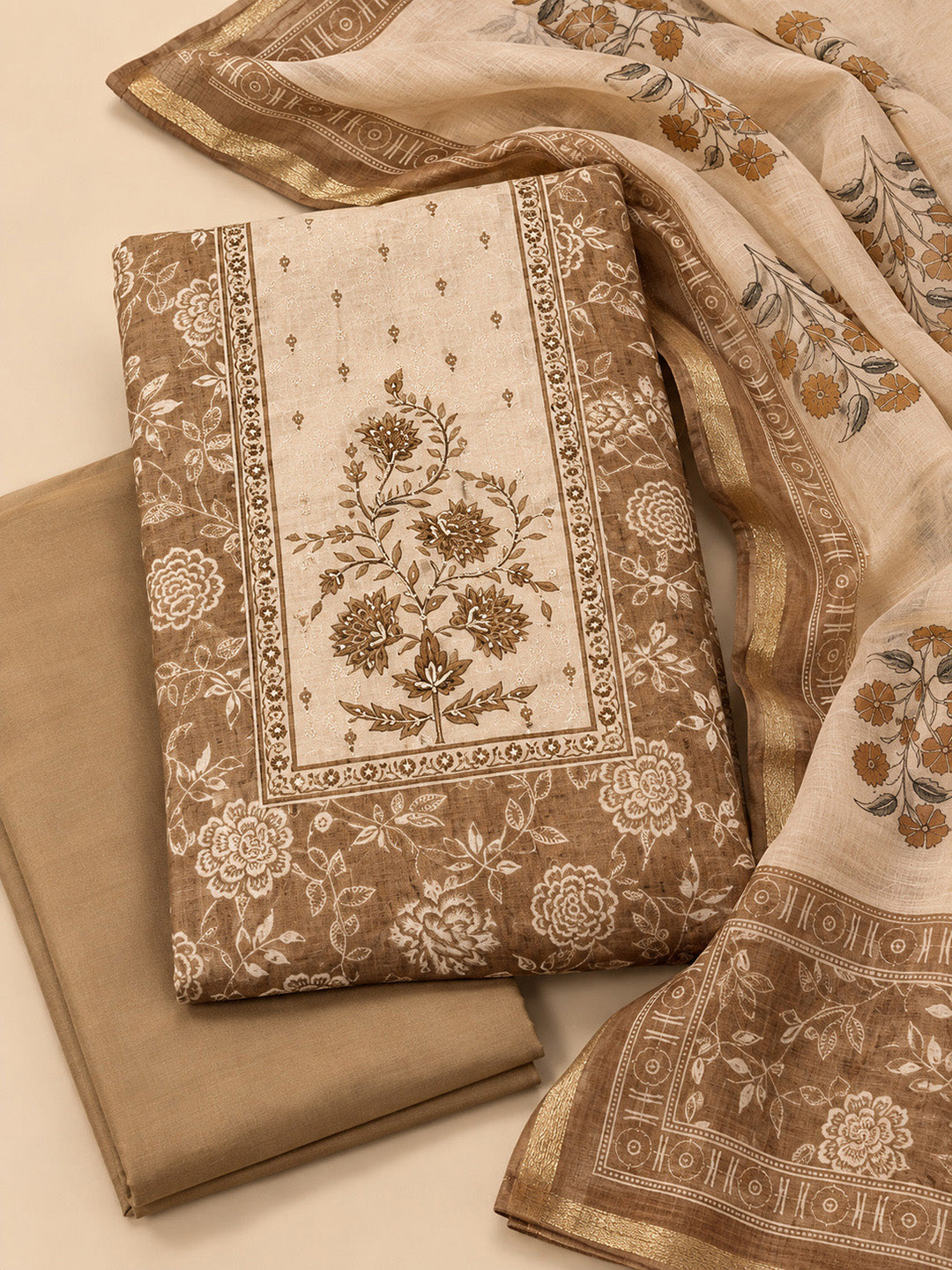 Beige Chanderi Embroidered Unstitched Dress Material