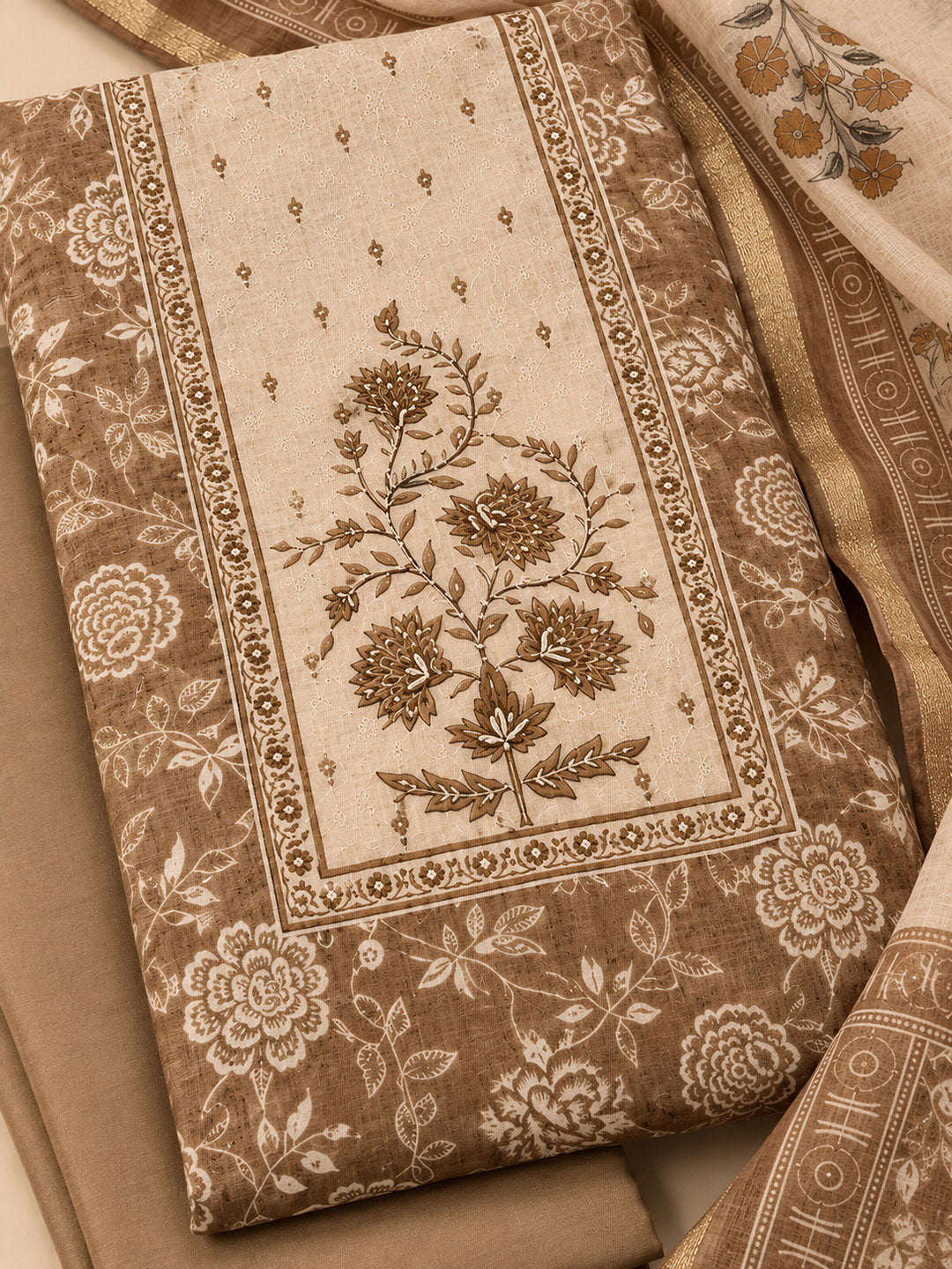 Beige Chanderi Embroidered Unstitched Dress Material