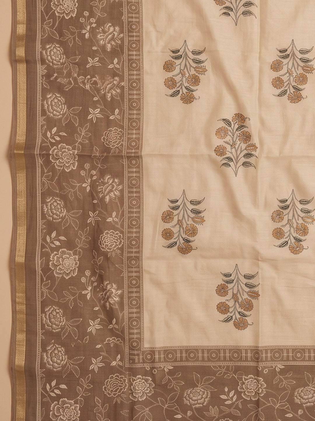 Beige Chanderi Embroidered Unstitched Dress Material