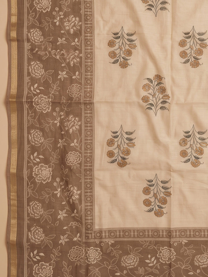 Beige Chanderi Embroidered Unstitched Dress Material