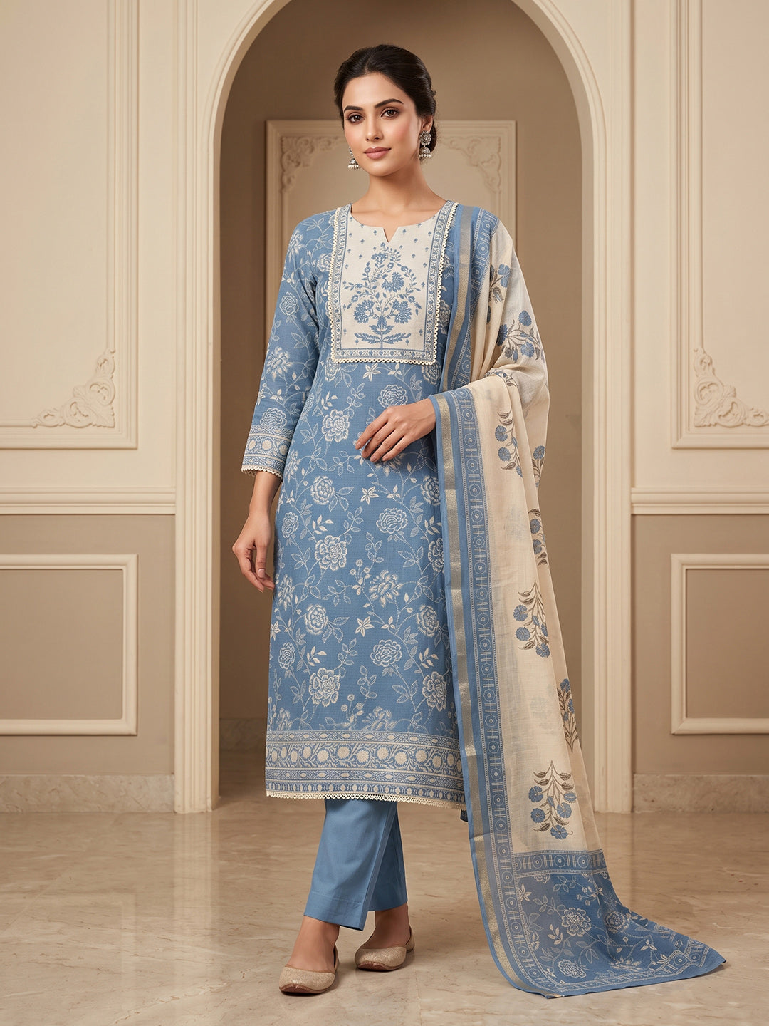 Blue-Lt Chanderi Embroidered Unstitched Dress Material