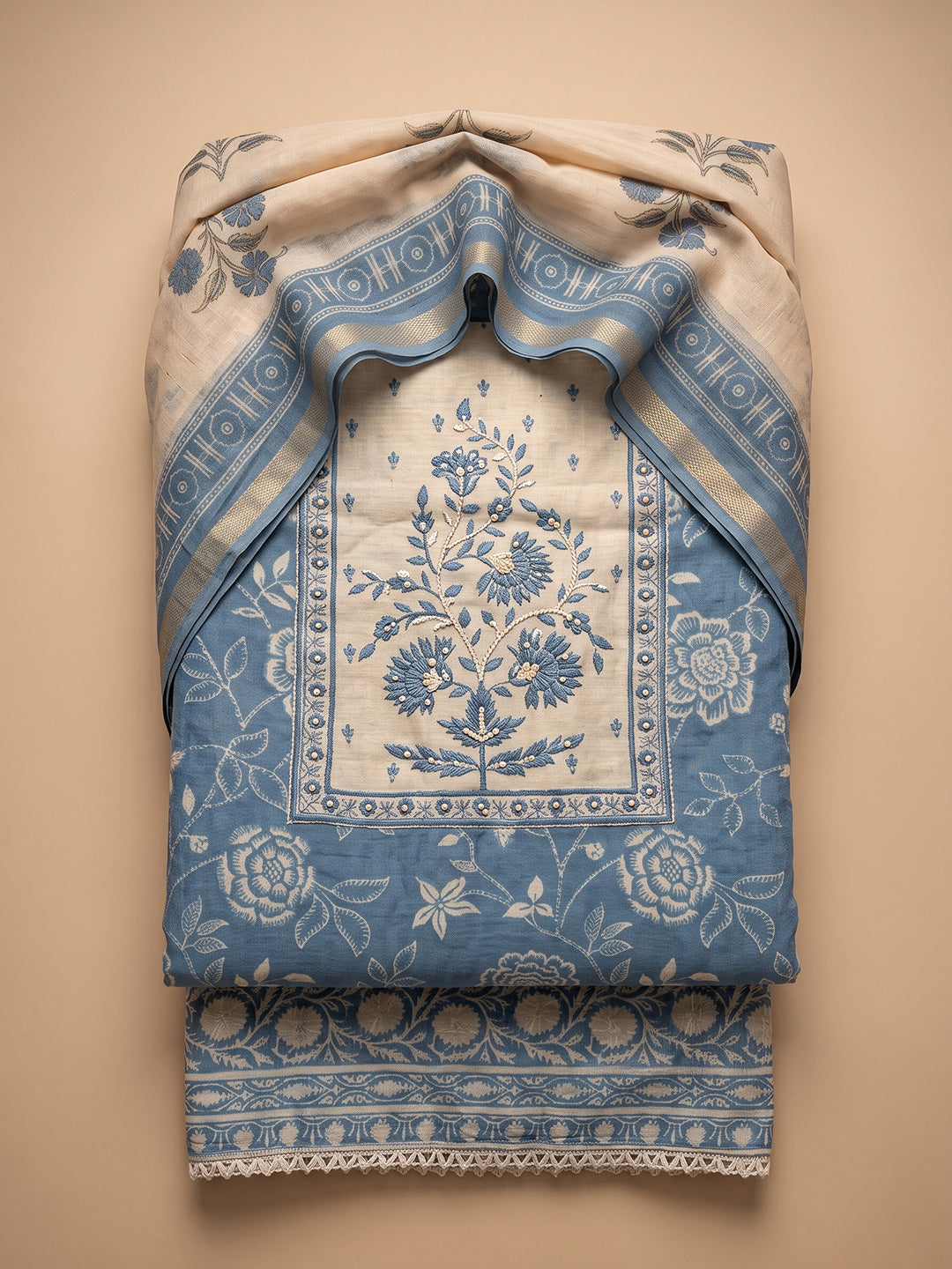 Blue-Lt Chanderi Embroidered Unstitched Dress Material