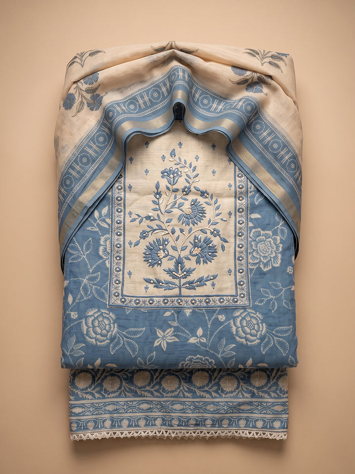 Blue-Lt Chanderi Embroidered Unstitched Dress Material