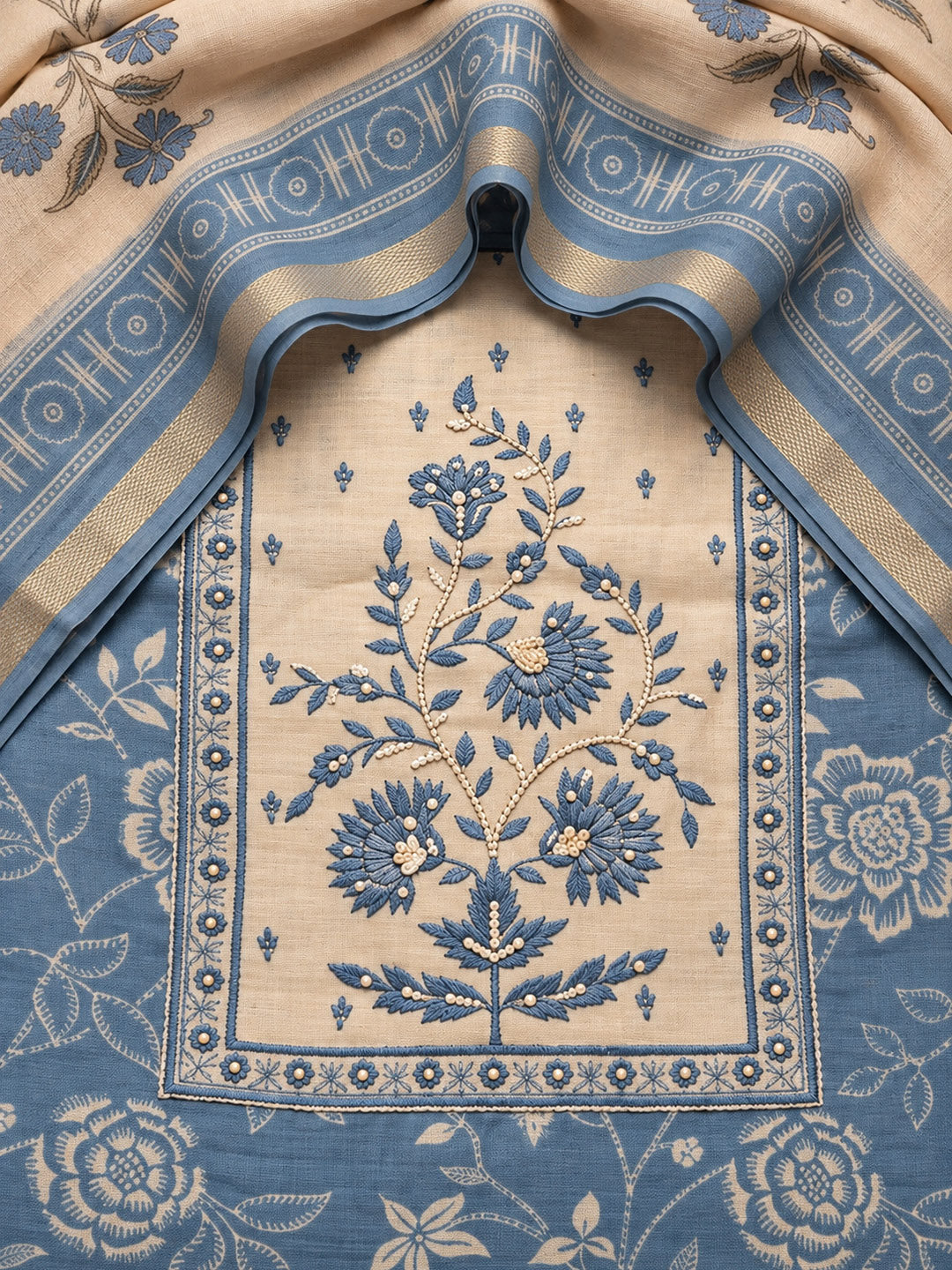 Blue-Lt Chanderi Embroidered Unstitched Dress Material