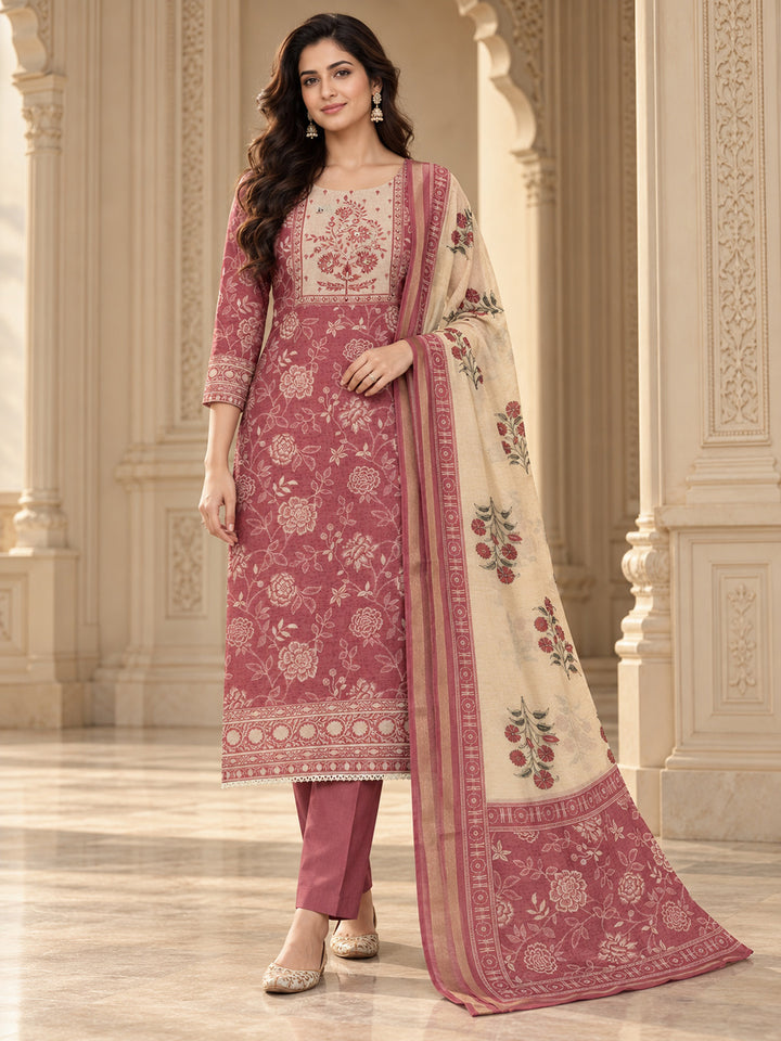 Onion-Pink Chanderi Embroidered Unstitched Dress Material