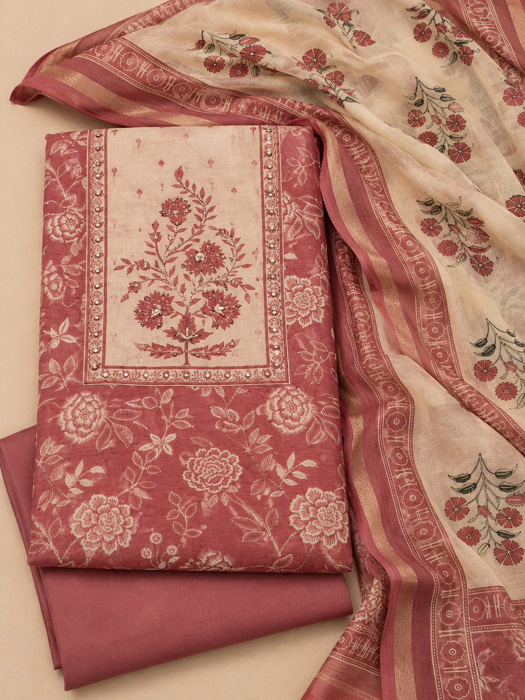 Onion-Pink Chanderi Embroidered Unstitched Dress Material