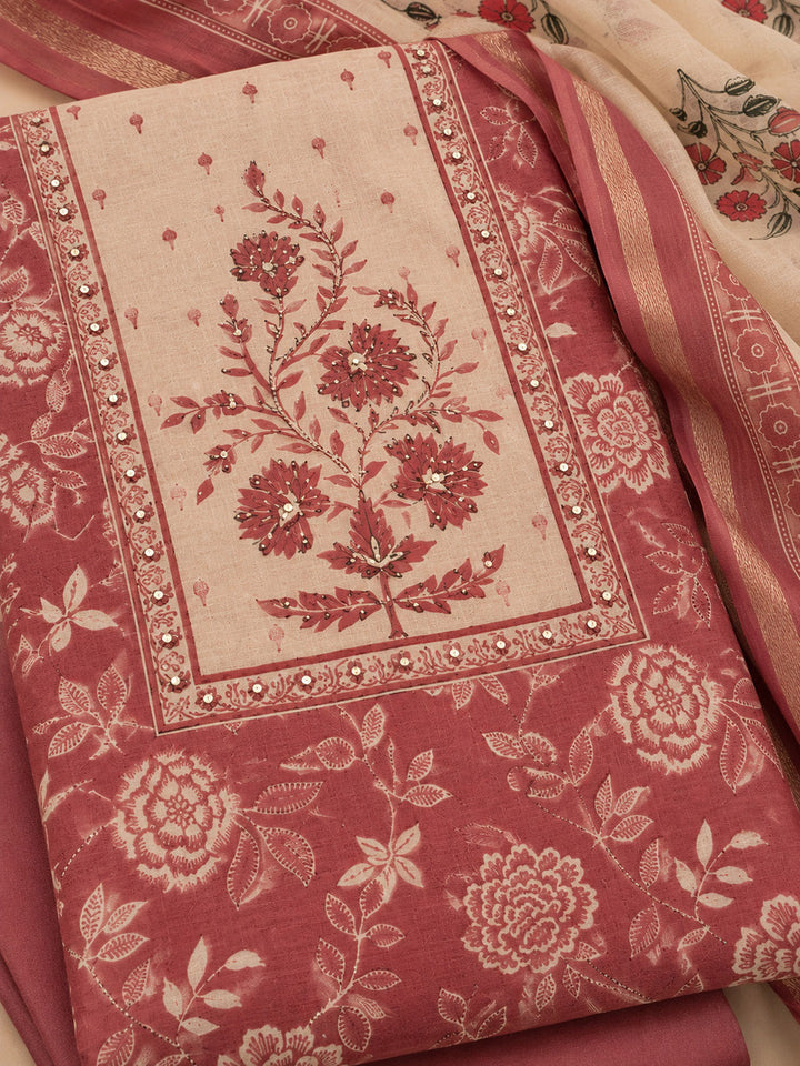 Onion-Pink Chanderi Embroidered Unstitched Dress Material