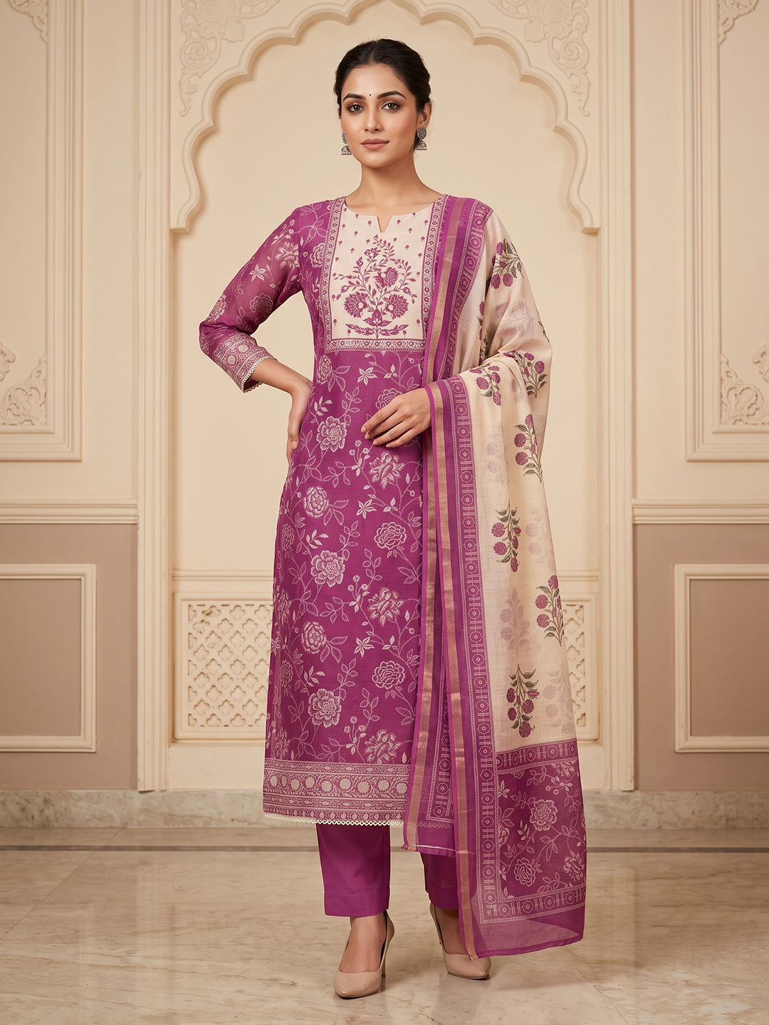 Purple Chanderi Embroidered Unstitched Dress Material