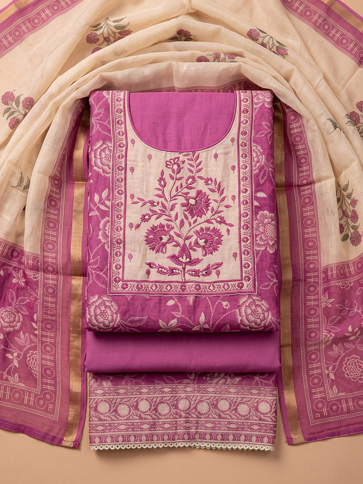 Purple Chanderi Embroidered Unstitched Dress Material