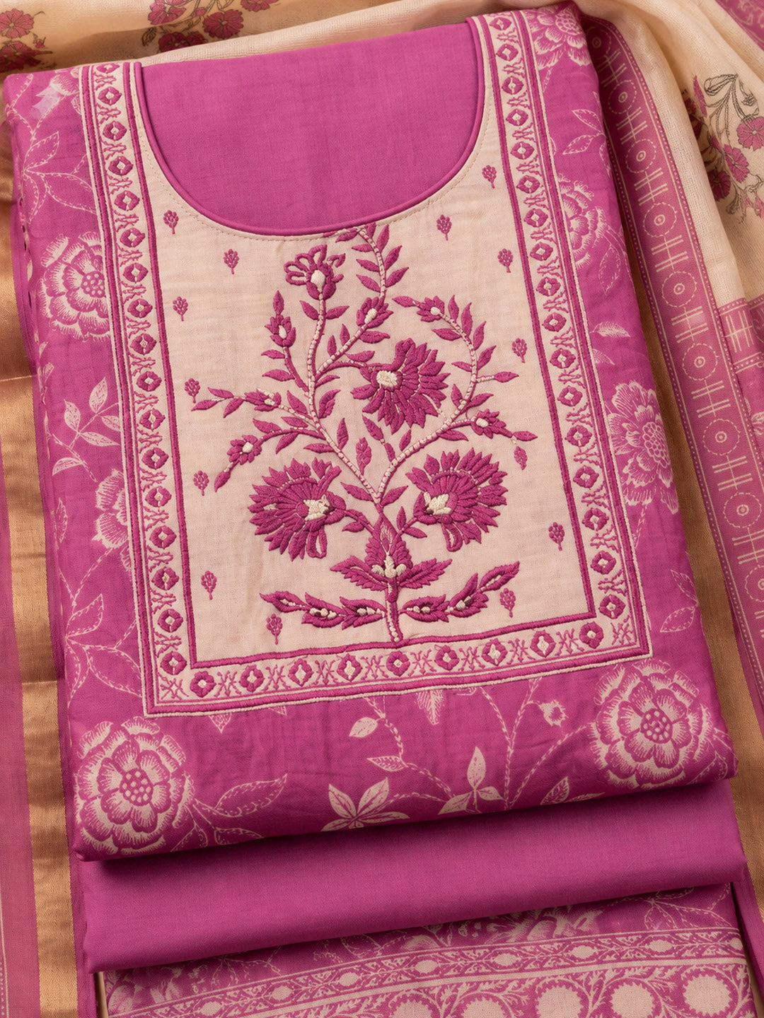 Purple Chanderi Embroidered Unstitched Dress Material