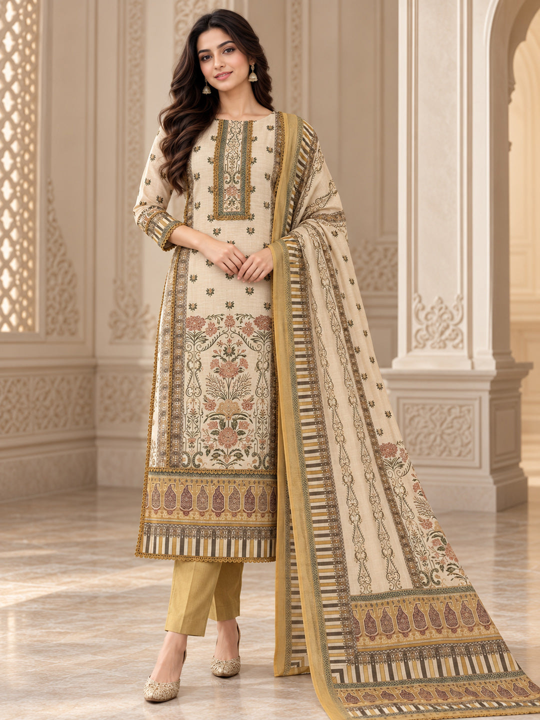 Mustard Chanderi Embroidered Unstitched Dress Material