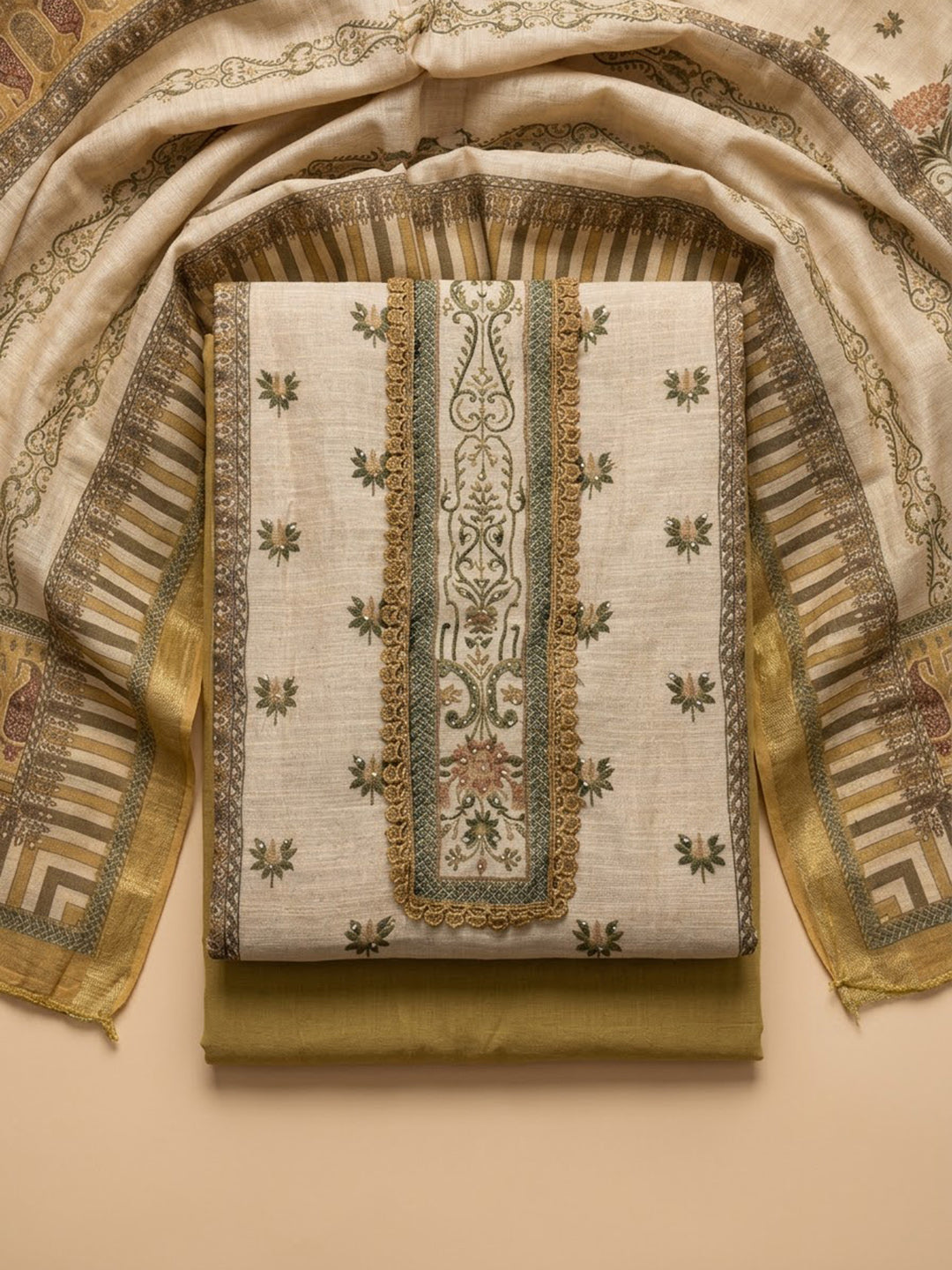 Mustard Chanderi Embroidered Unstitched Dress Material
