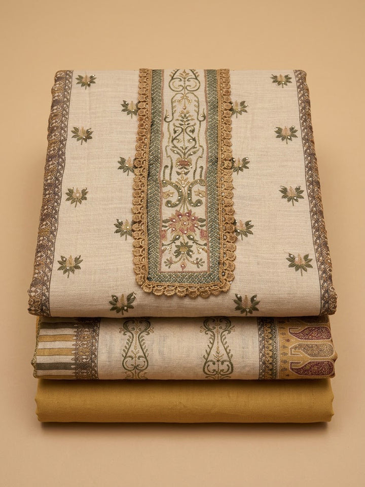 Mustard Chanderi Embroidered Unstitched Dress Material