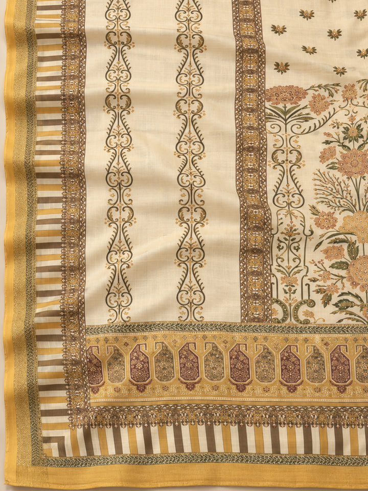 Mustard Chanderi Embroidered Unstitched Dress Material