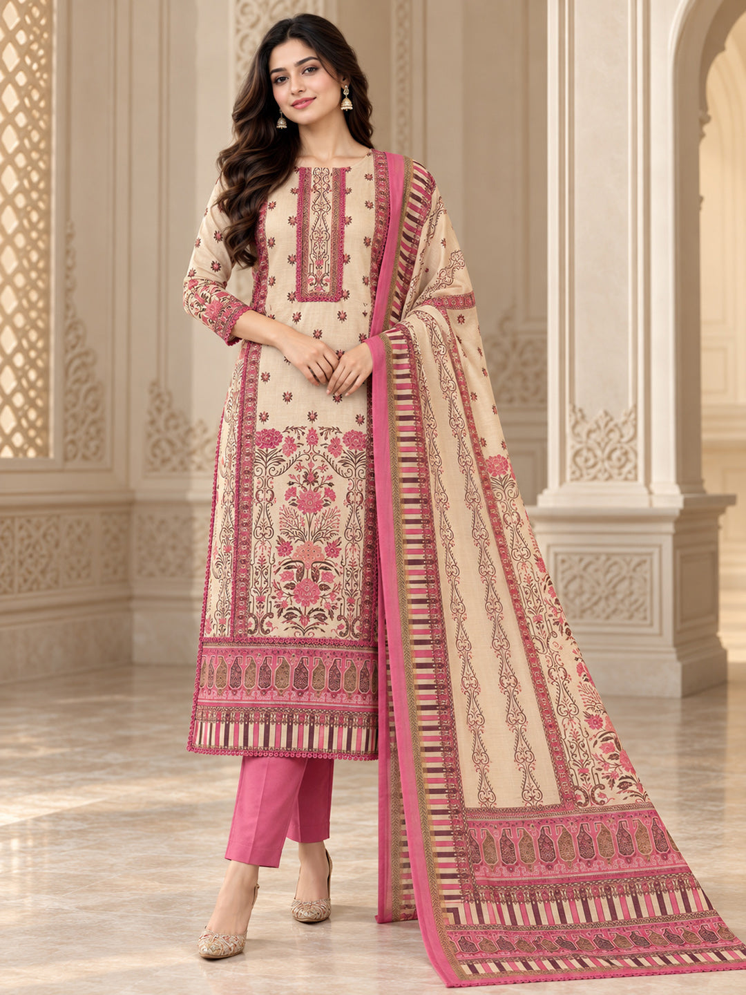 Onion-Pink Chanderi Embroidered Unstitched Dress Material