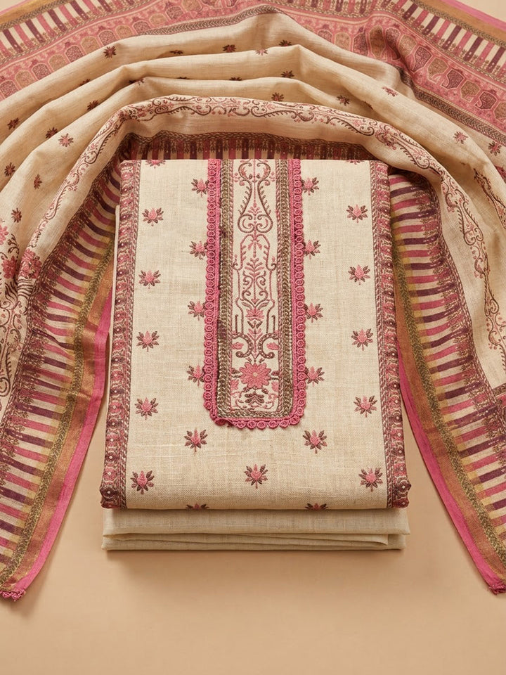 Onion-Pink Chanderi Embroidered Unstitched Dress Material