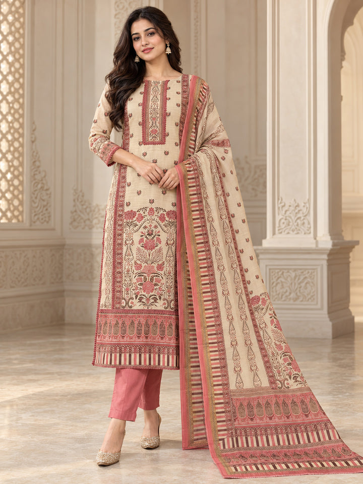 Peach Chanderi Embroidered Unstitched Dress Material
