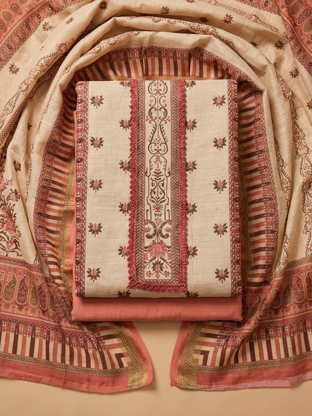Peach Chanderi Embroidered Unstitched Dress Material