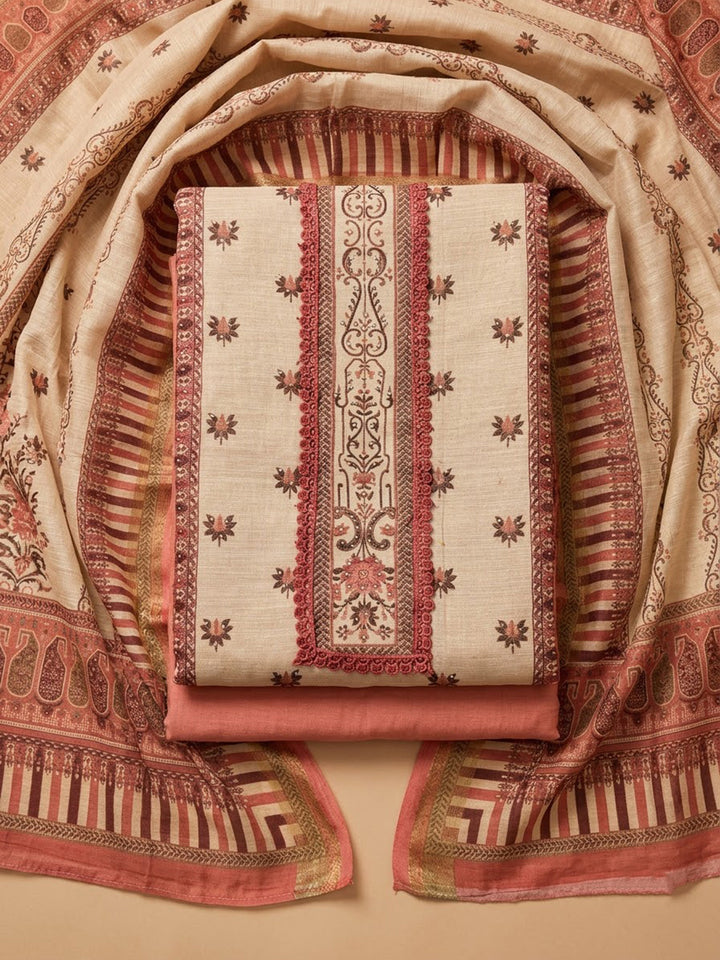 Peach Chanderi Embroidered Unstitched Dress Material