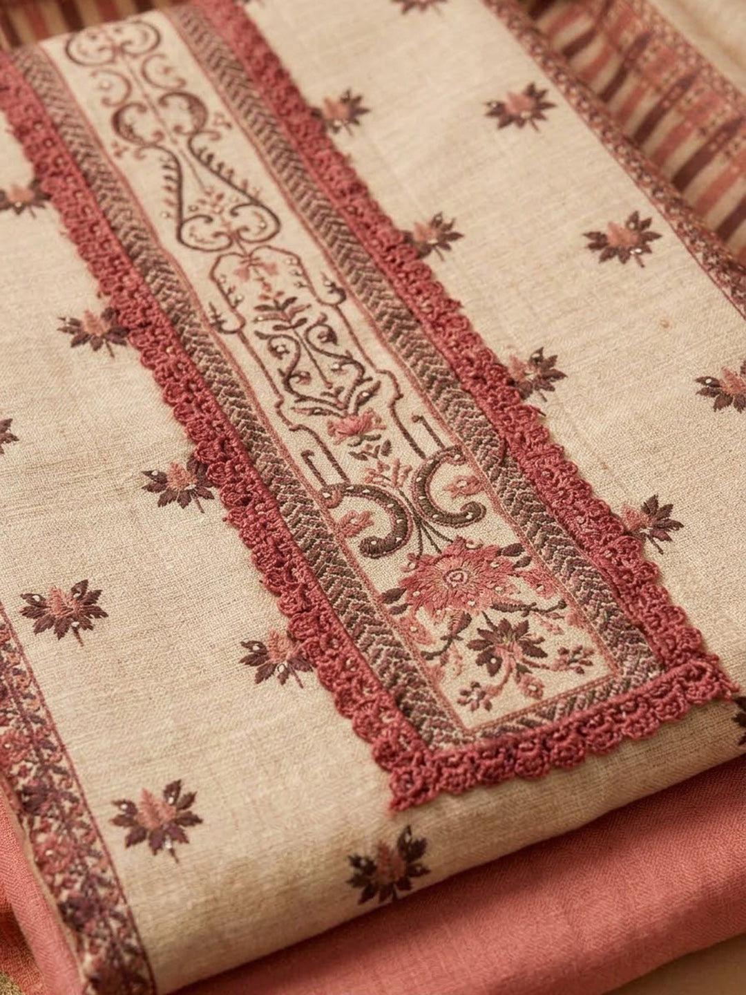 Peach Chanderi Embroidered Unstitched Dress Material