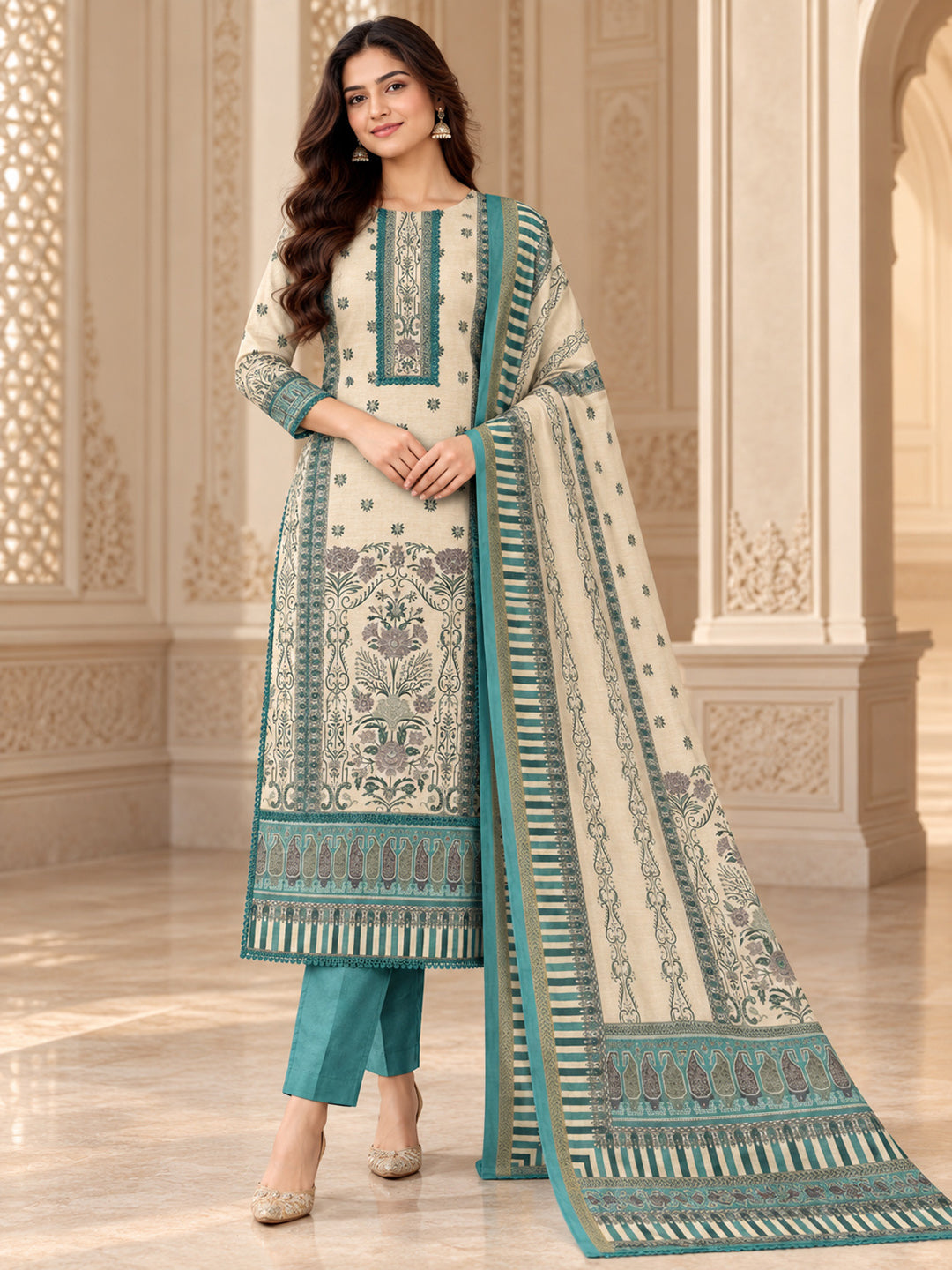 Rama-Green Chanderi Embroidered Unstitched Dress Material
