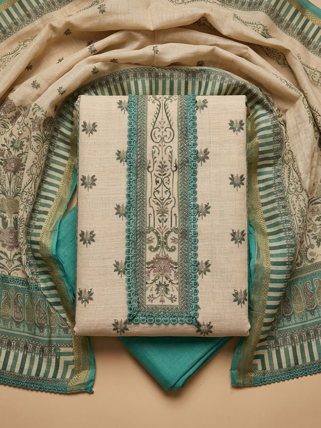 Rama-Green Chanderi Embroidered Unstitched Dress Material