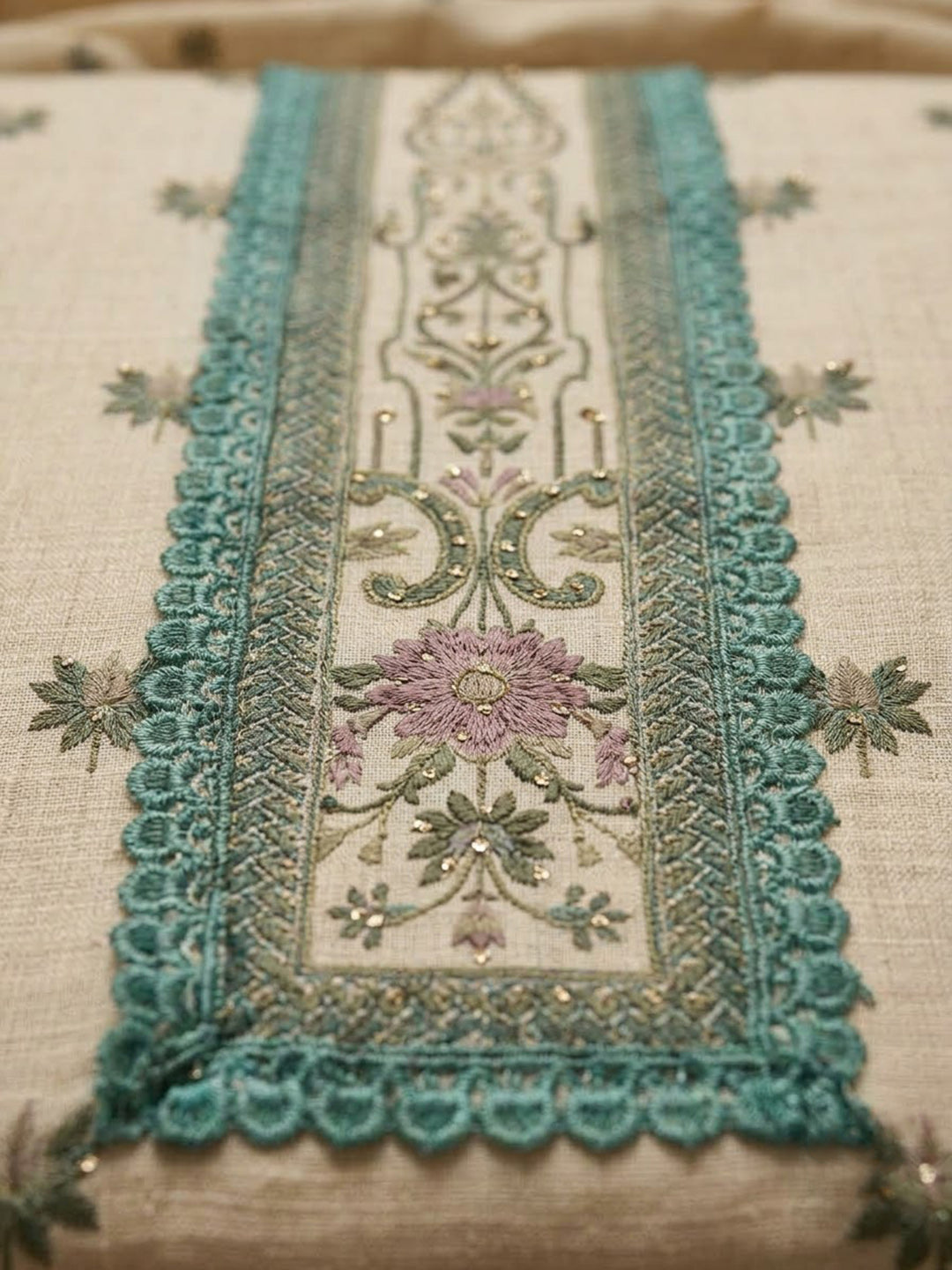 Rama-Green Chanderi Embroidered Unstitched Dress Material