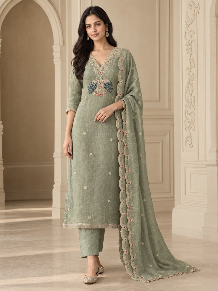 Aqua-Green Tissue Embroidered Unstitched Dress Material